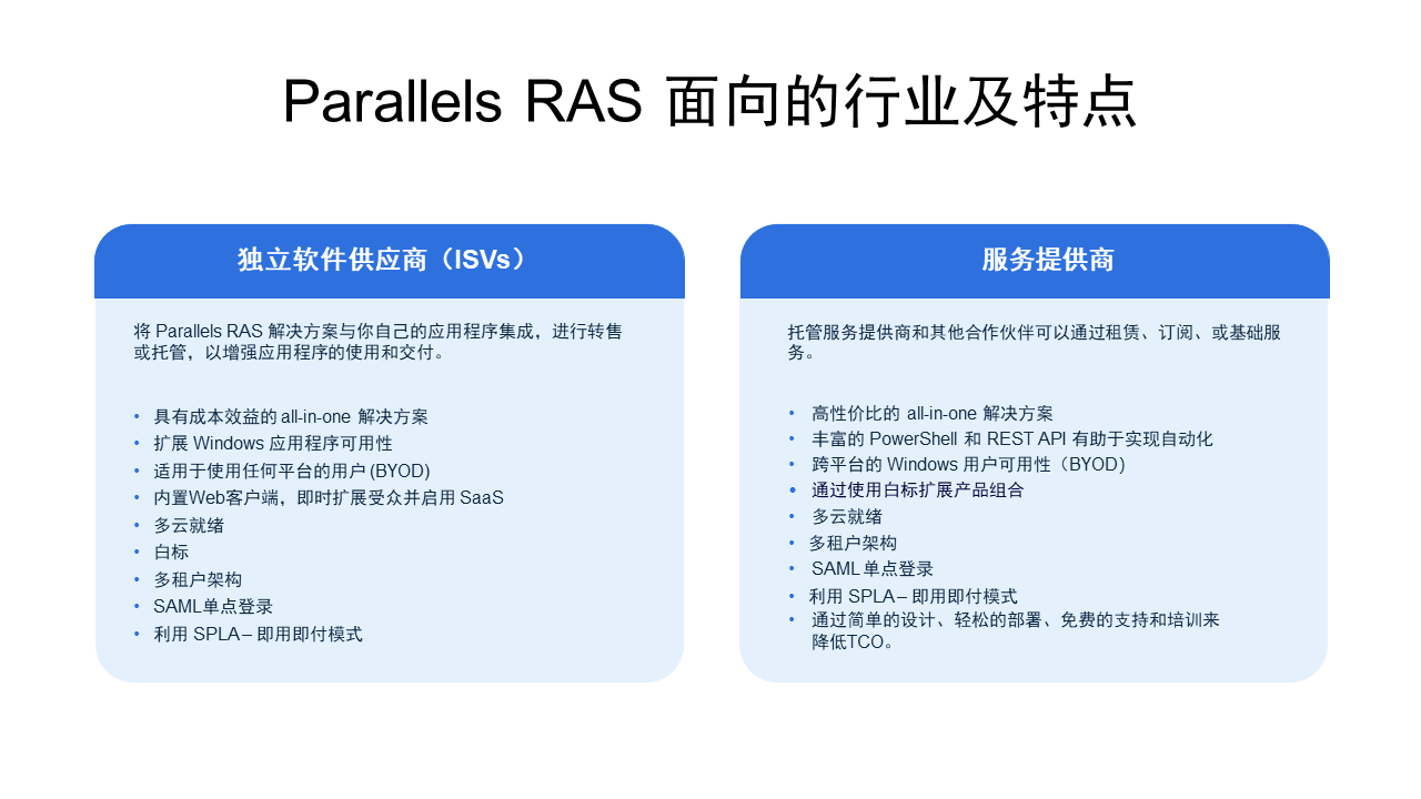 Parallels RAS 独立软件供应商、服务提供商解决方案及特点